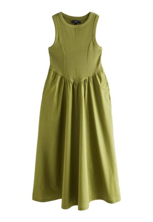 Abito senza maniche verde oliva con un busto a coste, gonna arricciata e scollatura rotonda; realizzato in tessuto morbido e leggero.