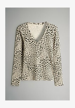 Kreminė ilgomis rankovėmis palaidinė su juodu leopardų raštu, turinti V-švarko dizainą ir tekstūruotą audinį. Pavaizduota plokščiai, be matomų metalinių detalių.