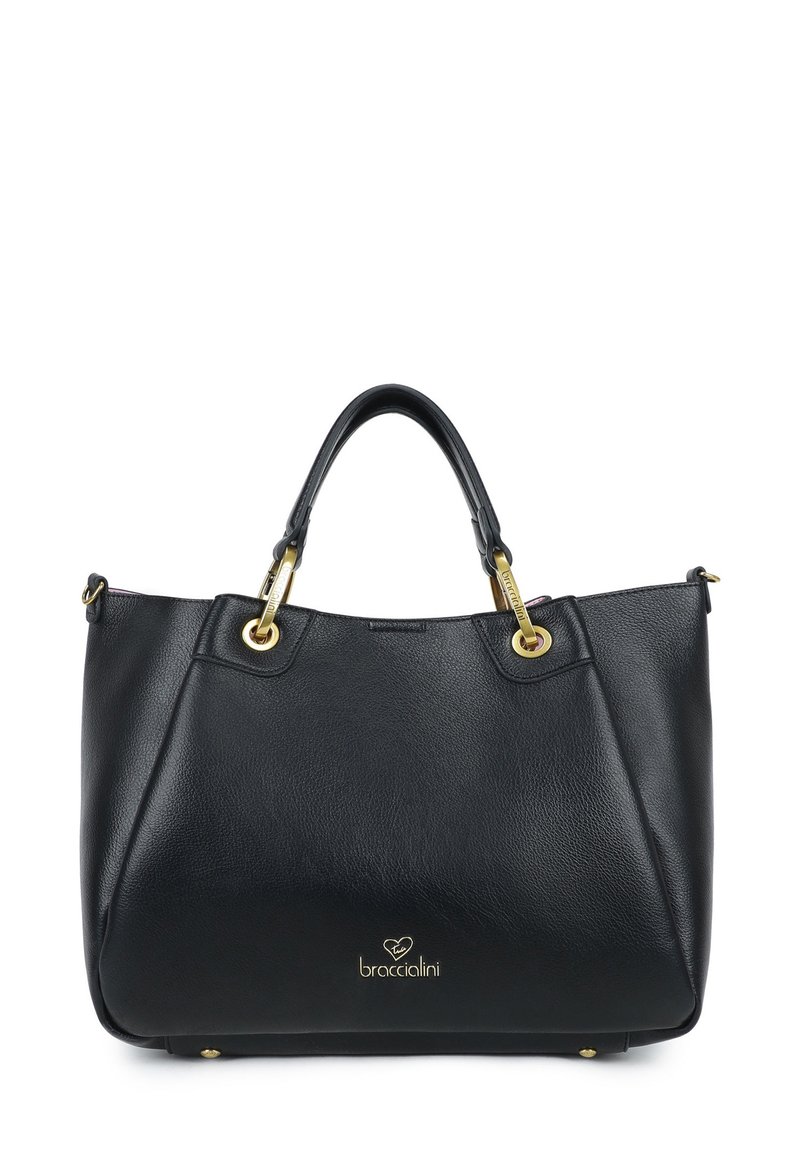 Borsa a spalla in pelle nera con finitura testurizzata, dettagli in metallo dorato e manici superiori. Presenta un logo impresso sul davanti.