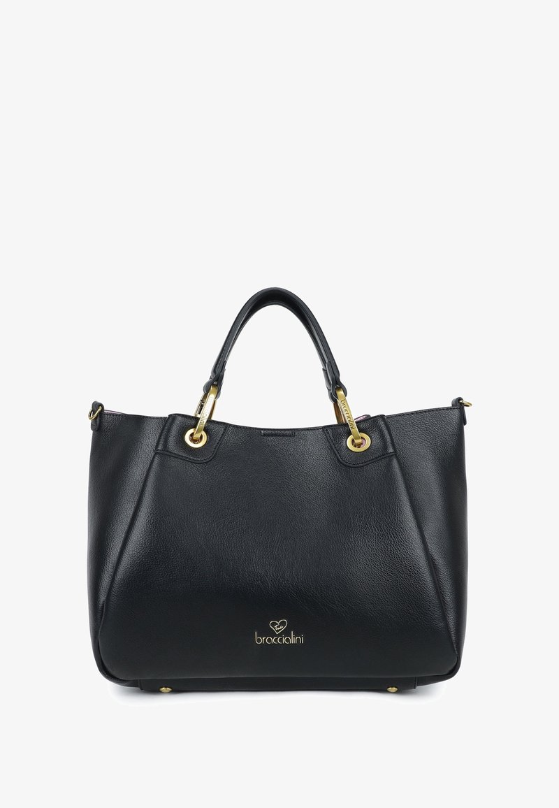 Borsa a spalla in pelle nera con finitura testurizzata, dettagli in metallo dorato e manici superiori. Presenta un logo impresso sul davanti.