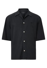 Camisetta nera a maniche corte in tessuto liscio con chiusura a bottoni, caratterizzata da un discreto logo ricamato sul petto e un colletto classico.