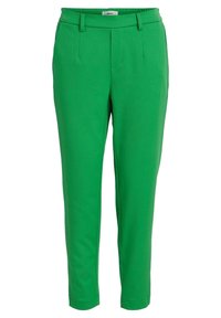 Pantalon vert en tissu lisse, avec une coupe droite, un devant plat, deux poches latérales et une taille mi-haute.