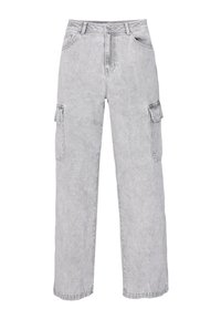 Grijze cargo broek van denim met een verouderde afwerking, wijde pijpen, twee zijzakken en een knoopsluiting in de taille.