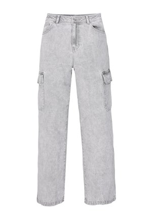 Grijze cargo broek van denim met een verouderde afwerking, wijde pijpen, twee zijzakken en een knoopsluiting in de taille.