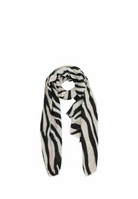 Zebra-patterned scarf featuring a soft, textured fabric in black and cream colors. The ends are slightly frayed for a casual look.