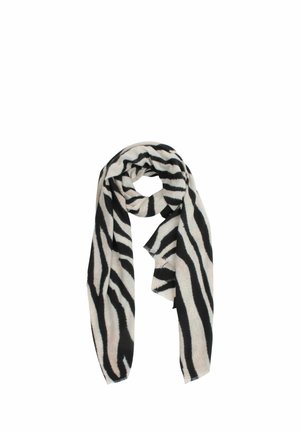 Schal mit Zebra-Muster aus einem weichen, strukturierten Stoff in Schwarz und Creme. Die Enden sind leicht ausgefranst für einen lässigen Look.