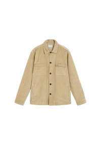 Chaqueta de pana beige con cuello, cierre de botones, dos bolsillos con solapa en el pecho y dos bolsillos laterales, exhibida plana sobre fondo blanco.