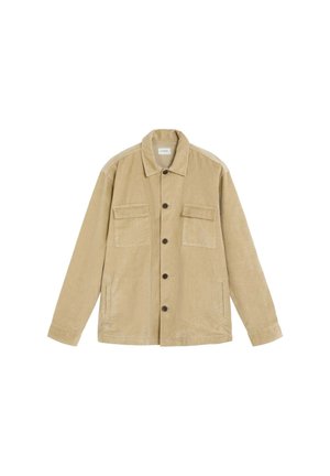 Chaqueta de pana beige con cuello, cierre de botones, dos bolsillos con solapa en el pecho y dos bolsillos laterales, exhibida plana sobre fondo blanco.
