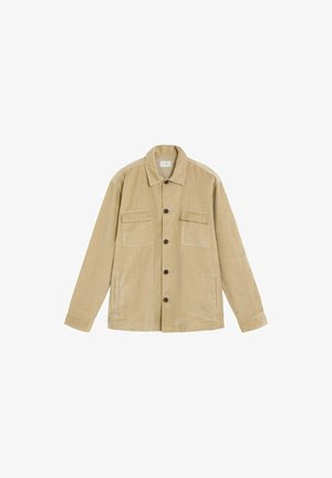 Giacca in corduroy beige con colletto, chiusura a bottoni, due tasche a bavero sul petto e due tasche laterali, esposta piatta su sfondo bianco.