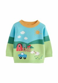 Pletený sveter v modrej a zelenej farbe so žltým rebrovaným golierom. S obsahom výšivky farmárskej scény so stodolou, nákladným automobilom, ovcami a slnkom.