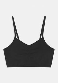 Bralette preto em algodão com alças ajustáveis, decote em V e detalhe franzido ao centro. Textura suave e design minimalista.