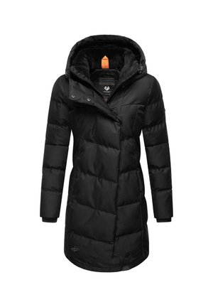 Schwarze, gepolsterte Winterjacke mit einer mit Fell gefütterten Kapuze, Reißverschluss und gerippten Bündchen; verfügt über ein strukturiertes, gestepptes Design und ein Logodetail.