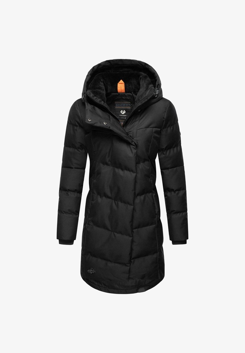 Melna siltā ziemas jaka ar ādas apdari un pūkainu kapuci, ar rāvējslēdzēja aizdari un ribotām piedurknēm; ar teksturētu, dūnu dizainu un logotipa detaļu.