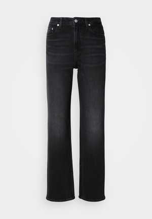 Jeans negri din denim cu un design drept. Prezintă o talie înaltă, cinci buzunare și închidere cu nasture metalic. Textură ușor ușor decolorată.