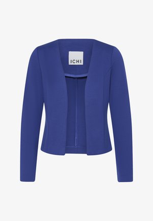 Zils atvērts priekšpusē pielāgots žakete ar garām piedurknēm un nedaudz īsinātu piegriezumu, ar baltu ICHI zīmola etiķeti apkakles iekšpusē.