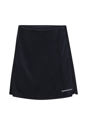 Black athletic skirt with subtle side slit and small white "Peak Performance" logo near hem on right side.