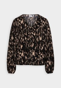 Schwarz-beige gemusterte Bluse mit V-Ausschnitt, langen Ärmeln und weicher Textur. Verfügt über eine lockere Passform und geraffte Details am Halsausschnitt.