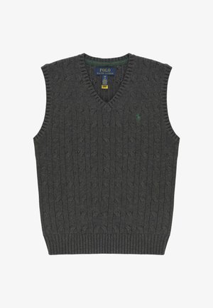 Maglione smanicato grigio scuro con motivo a treccia, scollo a V, orlo inferiore a coste e piccolo logo verde sul lato sinistro.