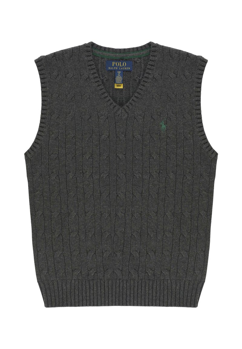 Maglione smanicato grigio scuro con motivo a treccia, scollo a V, orlo inferiore a coste e piccolo logo verde sul lato sinistro.