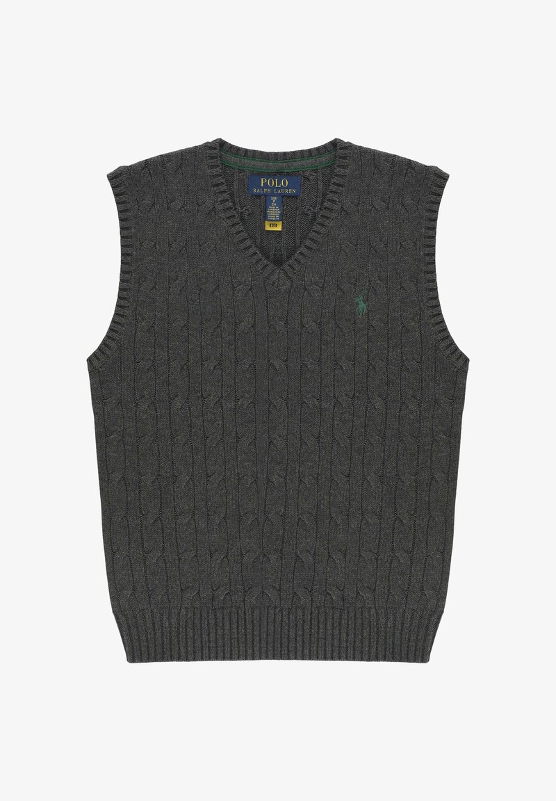 Maglione smanicato grigio scuro con motivo a treccia, scollo a V, orlo inferiore a coste e piccolo logo verde sul lato sinistro.