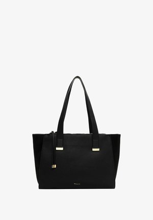 Sort tekstureret læder tote bag med dobbelte skulderremme, guldfarvede accenter og lynlåslukning.