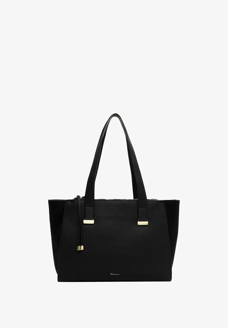 Mustan tekstuuripintaisen nahkatote-laukun, jossa on tuplat olkahihnat, kultasävyisiä yksityiskohtia ja vetoketjukiinnitys.