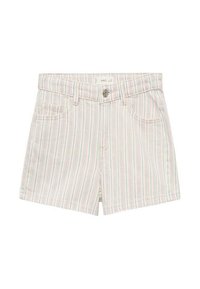Shorts en denim rayés avec des lignes verticales dans des couleurs pastel, fermeture par bouton et poches avant. Matière légère avec une coupe décontractée.