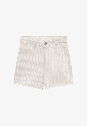 Jeans šortsevi s prugama u pastelnim bojama, s gumbom na zatvaranju i prednjim džepovima. Lagani materijal s ležernim krojem.