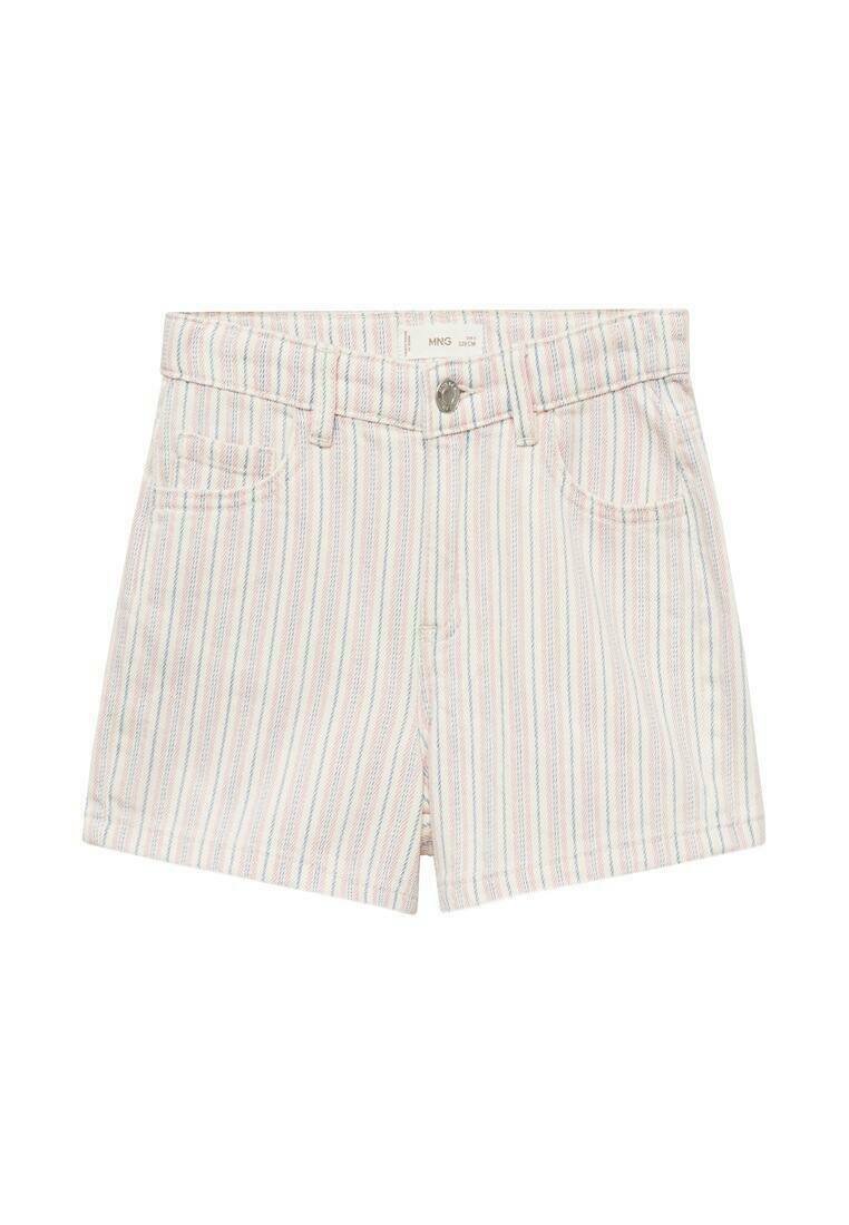 Shorts en denim rayés avec des lignes verticales dans des couleurs pastel, fermeture par bouton et poches avant. Matière légère avec une coupe décontractée.