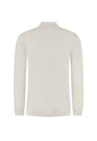 Light beige pullover with a ribbed collar and cuffs, featuring a textured knit pattern. The back view shows a smooth, uninterrupted surface.