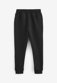 Schwarze Jogginghose aus einem weichen Material, mit einem elastischen Bund, Seitentaschen und schmal zulaufenden Bündchen an den Knöcheln.