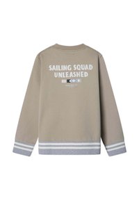 Khaki bluzka z długimi rękawami, z białym napisem "SAILING SQUAD UNLEASHED." Szare paski na mankietach i u dołu. Miękka faktura materiału.