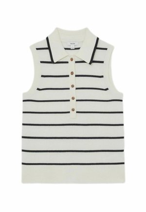 Haut en maille blanc sans manches avec des rayures horizontales noires, un col pointu et une patte de boutonnage frontale équipée de cinq boutons marron.