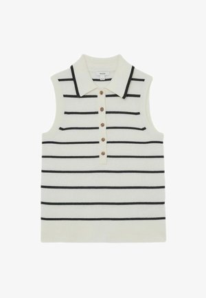 Besiūlis baltas megztinis be rankovių su juodomis horizontaliosiomis juostomis, smailėjančiais apykakle ir priekyje su penkiomis rudos spalvos sagomis.