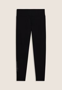 Leggings neri con una vita ampia, realizzati in tessuto elastico. Presentano un delicato motivo decorativo e un logo in accentuazione metallica sul lato.