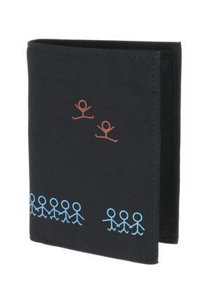Black wallet with blue and orange stick figure designs, featuring a line of walking blue figures and two jumping orange figures above.