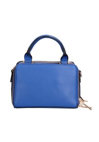 Borsa a mano in similpelle blu con finitura testurizzata, dettaglio della cerniera dorata e due manici superiori. Forma rettangolare con accenti in nero.