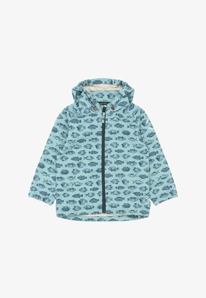 Šviesiai mėlynas džemperis su tamsiai mėlynos spalvos žuvų raštu, su kepure, priekiniais užtrauktukais ir elastingais rankogaliais. Pagamintas iš vandeniui atsparios medžiagos.