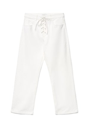 Pantalon blanc à jambes droites avec fermeture devant à lacets et passants pour ceinture, doté de deux poches avant et d'un design épuré.