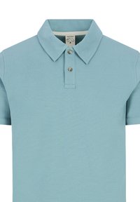 Lichtblauw poloshirt gemaakt van textiel met een gestructureerde stof. Beschikt over een traditionele kraag en een knoopsluiting met twee knopen. Geen zichtbare patronen of afbeeldingen.
