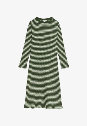 Langarmkleid in Dunkelgrün mit einem welligen weißen Streifenmuster, rundem Ausschnitt und einer fließenden A-Linien-Form. Mischgewebe aus Baumwolle.