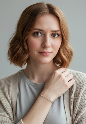 Silbernes Armband mit verbundenen kreisförmigen Akzenten, das an einem nackten Handgelenk getragen wird, kombiniert mit einem hellgrauen Oberteil und einer beigen Strickjacke. Sanfte Texturen sind sichtbar.