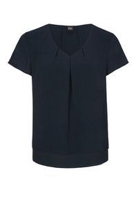 Granatowa bluzka z krótkim rękawem i dekoltem w szpic z subtelnymi fałdami. Gładka faktura, prosta dolna krawędź. Lekki materiał, minimalistyczny design.
