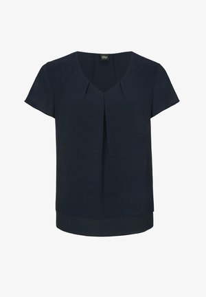 Marineblauwe blouse met korte mouwen, een V-hals en subtiele plooien. Glad als textuur, rechte onderzoom. Lichtgewicht stof, minimalistisch ontwerp.