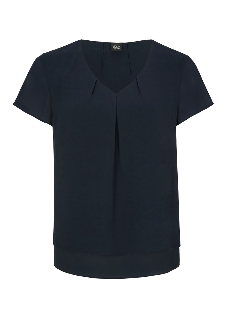 Granatowa bluzka z krótkim rękawem i dekoltem w szpic z subtelnymi fałdami. Gładka faktura, prosta dolna krawędź. Lekki materiał, minimalistyczny design.
