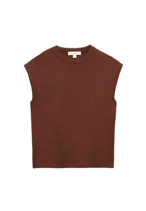 Gilet sans manches marron tricoté avec col rond, présenté à plat sur fond blanc.