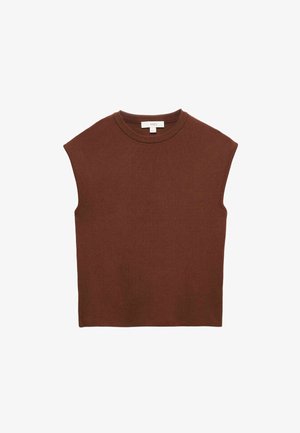 Gilet sans manches marron tricoté avec col rond, présenté à plat sur fond blanc.