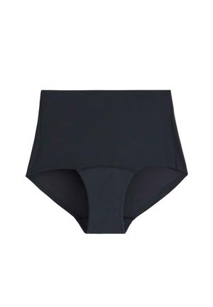 Sort højtaljet undertøj lavet af blødt, strækbart stof. Har en glat overflade, sømløs design og hel dækning.