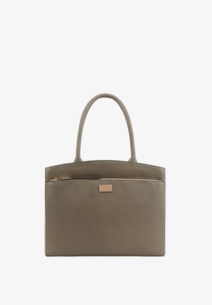Sac à main en cuir de couleur vert pâle avec deux poignées, une poche zippée à l'avant et un accent métallique avec logo. Texture lisse avec un design structuré.