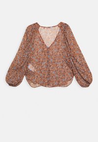 Blusa marrone con motivo floreale, maniche lunghe e voluminose, scollatura a V e vestibilità ampia, realizzata in un tessuto leggero e trasparente.